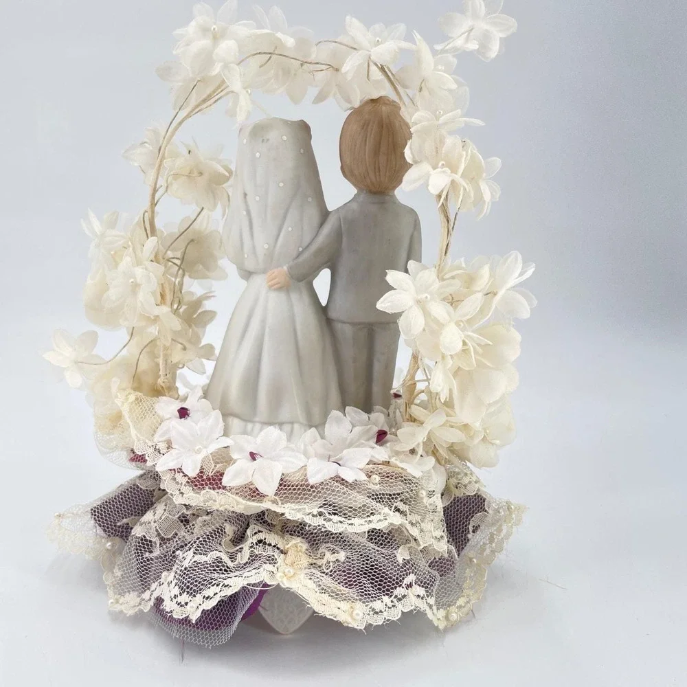 Vintage Wedding Cake Topper Porcelain Bride Groom Floral Arch Lace